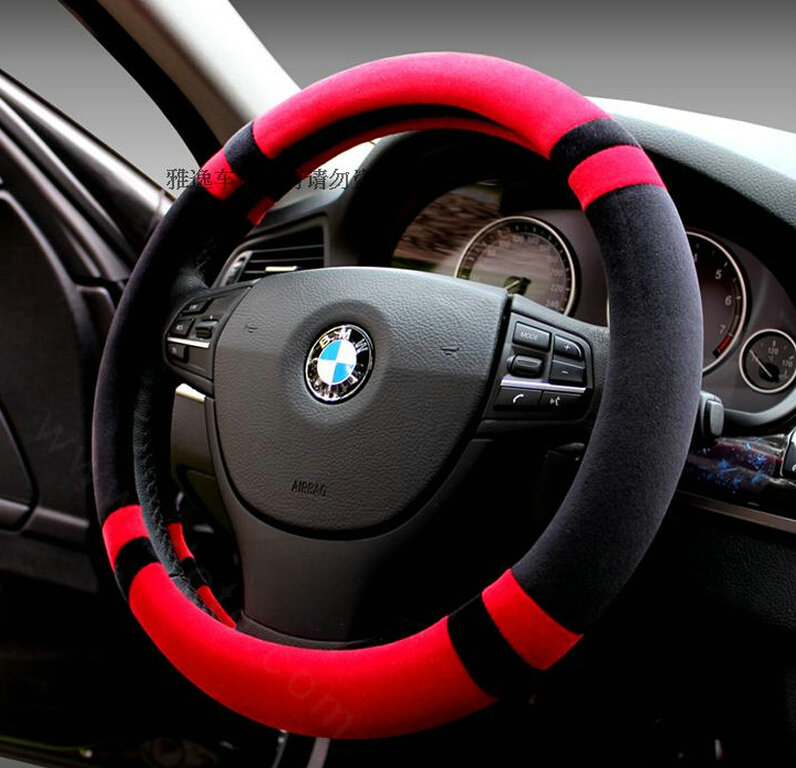 Discount Car Steering Wheel Wrap Velvet 15 Inch 38CM - Black Red
