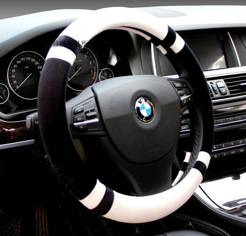 Discount Car Steering Wheel Wrap Velvet 15 Inch 38CM - Black White