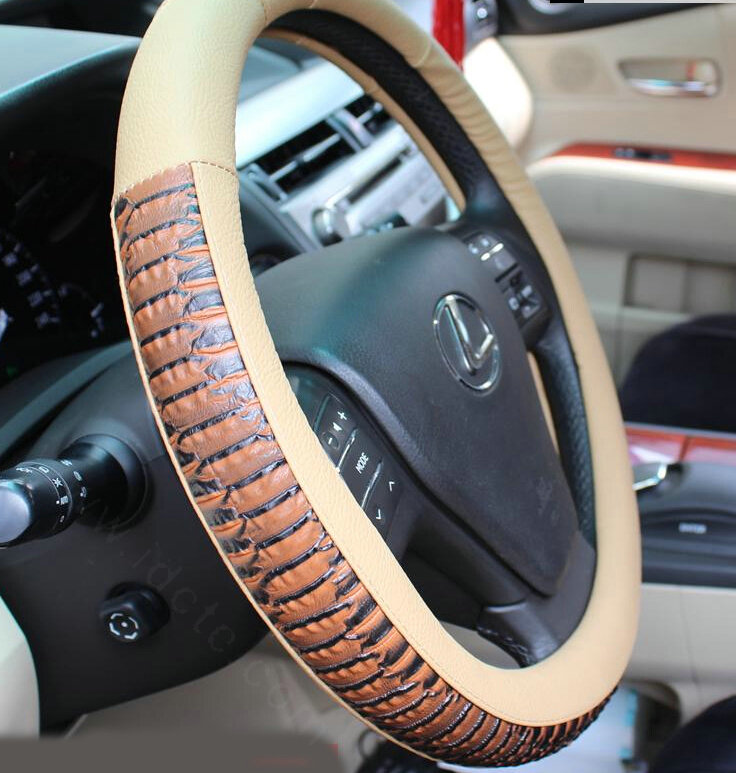 Discount Snake Print Auto Steering Wheel Covers PU Leather 15 Inch 38CM - Beige