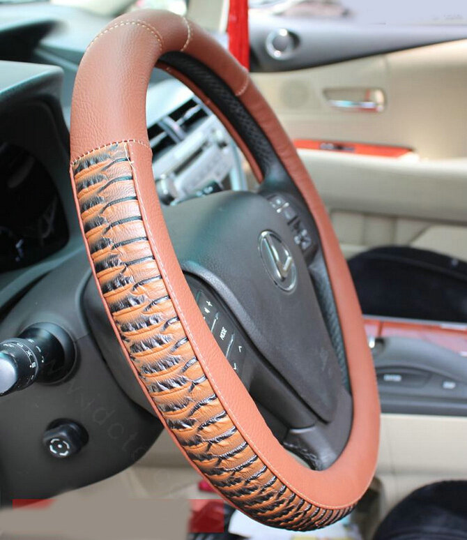Discount Snake Print Auto Steering Wheel Covers PU Leather 15 Inch 38CM - Coffee