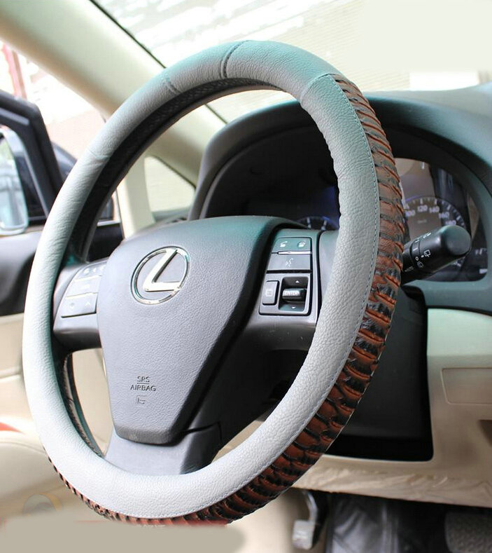 Discount Snake Print Auto Steering Wheel Covers PU Leather 15 Inch 38CM - Grey