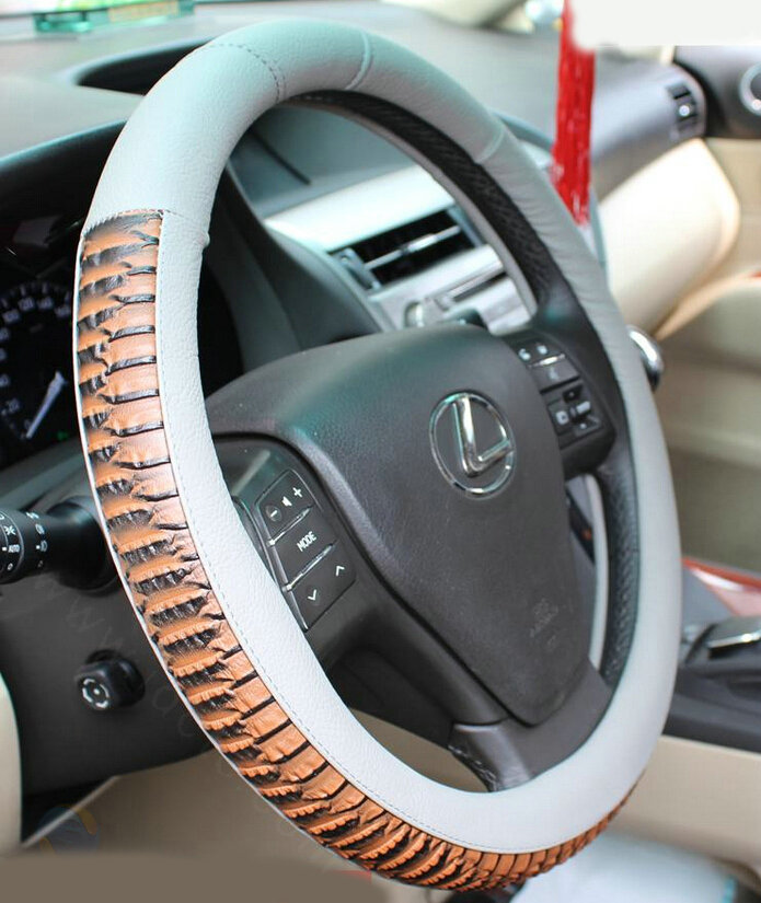 Discount Snake Print Auto Steering Wheel Covers PU Leather 15 Inch 38CM - Grey