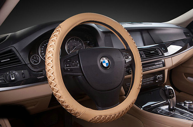 Elegant Car Steering Wheel Covers Ice Silk PU Leather 15 Inch 38CM - Beige