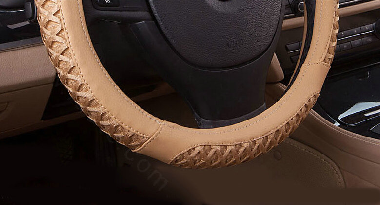 Elegant Car Steering Wheel Covers Ice Silk PU Leather 15 Inch 38CM - Beige