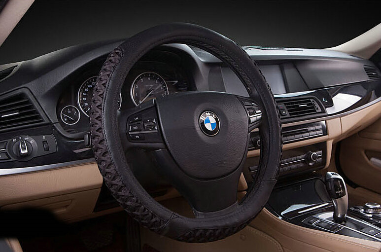 Elegant Car Steering Wheel Covers Ice Silk PU Leather 15 Inch 38CM - Black