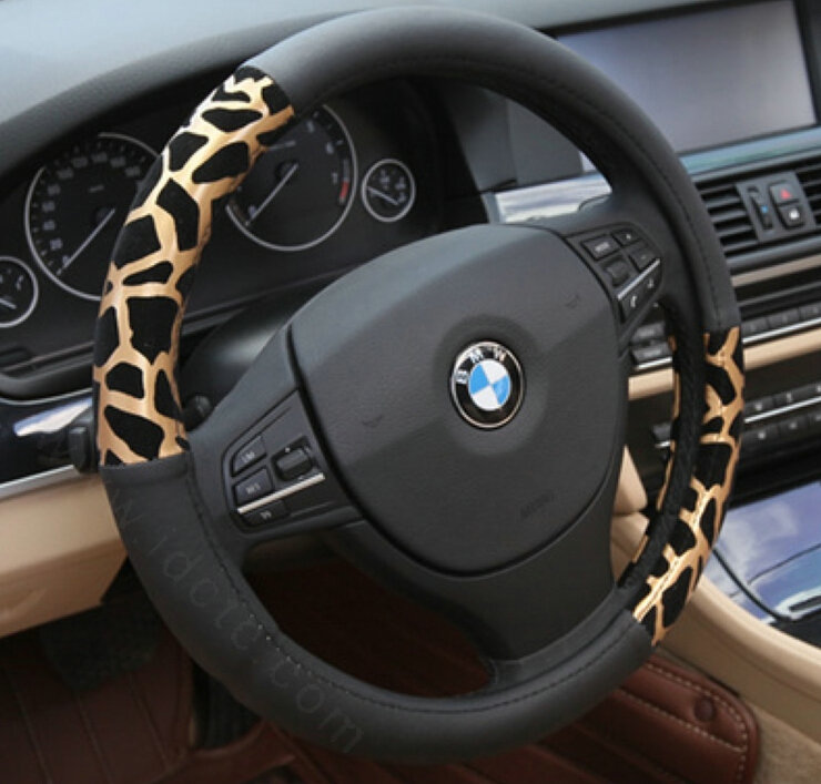 Elegant Leopard Print Car Steering Wheel Covers PU Leather 15 Inch 38CM - Black