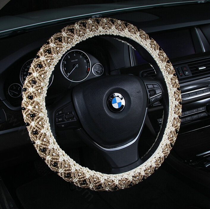 Exquisite Beaded Car Steering Wheel Cover Ice Silk 15 Inch 38CM - Beige