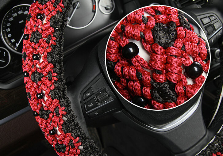 Exquisite Beaded Car Steering Wheel Cover Ice Silk 15 Inch 38CM - Grey