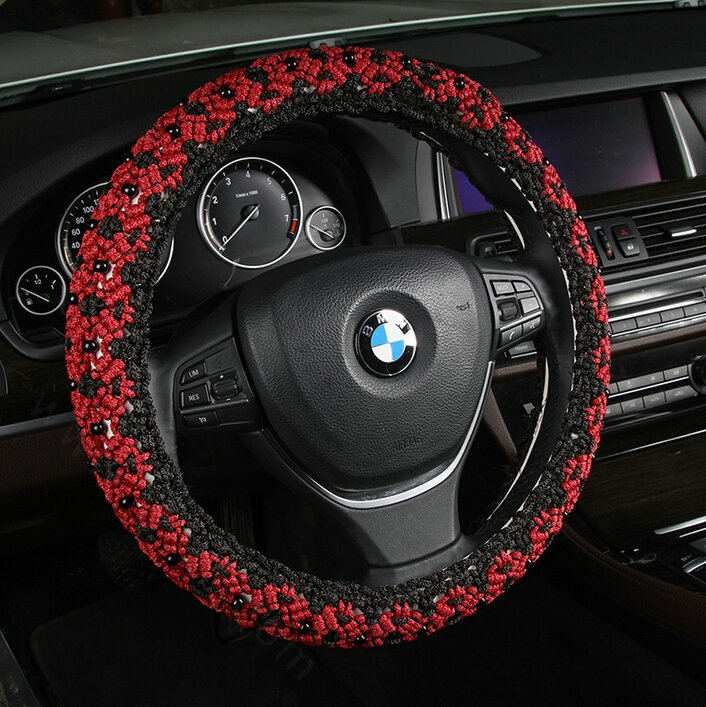 Exquisite Beaded Car Steering Wheel Cover Ice Silk 15 Inch 38CM - Red