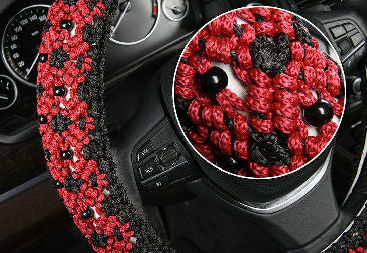 Exquisite Beaded Car Steering Wheel Cover Ice Silk 15 Inch 38CM - Red