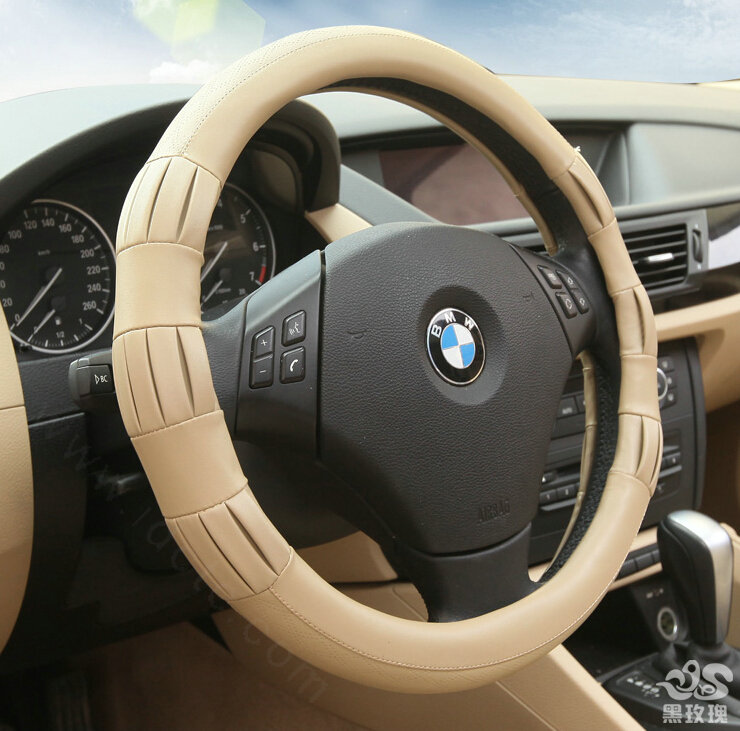 Exquisite Car Steering Wheel Covers Sheepskin Leather 15 Inch 38CM - Beige