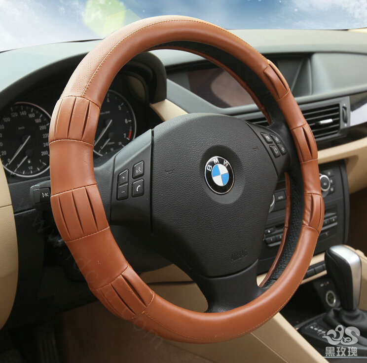 Exquisite Car Steering Wheel Covers Sheepskin Leather 15 Inch 38CM - Brown