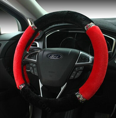 Exquisite Diamond Auto Steering Wheel Wrap Velvet 15 Inch 38CM - Red