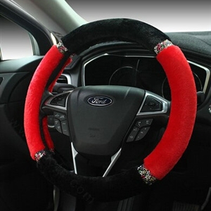 Exquisite Diamond Auto Steering Wheel Wrap Velvet 15 Inch 38CM - Red