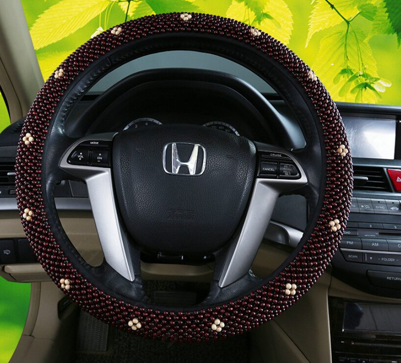 Exquisite Flower Beaded Car Steering Wheel Wrap 15 Inch 38CM - Red Beige