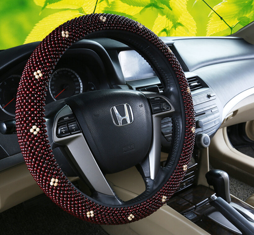 Exquisite Flower Beaded Car Steering Wheel Wrap 15 Inch 38CM - Red Beige