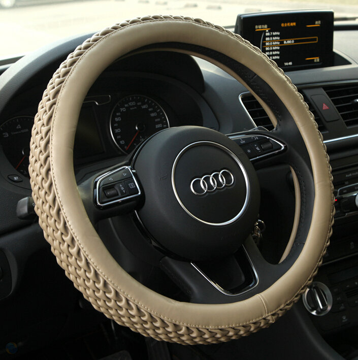 Exquisite Knitting Car Steering Wheel Covers Sheepskin Leather 15 Inch 38CM - Beige
