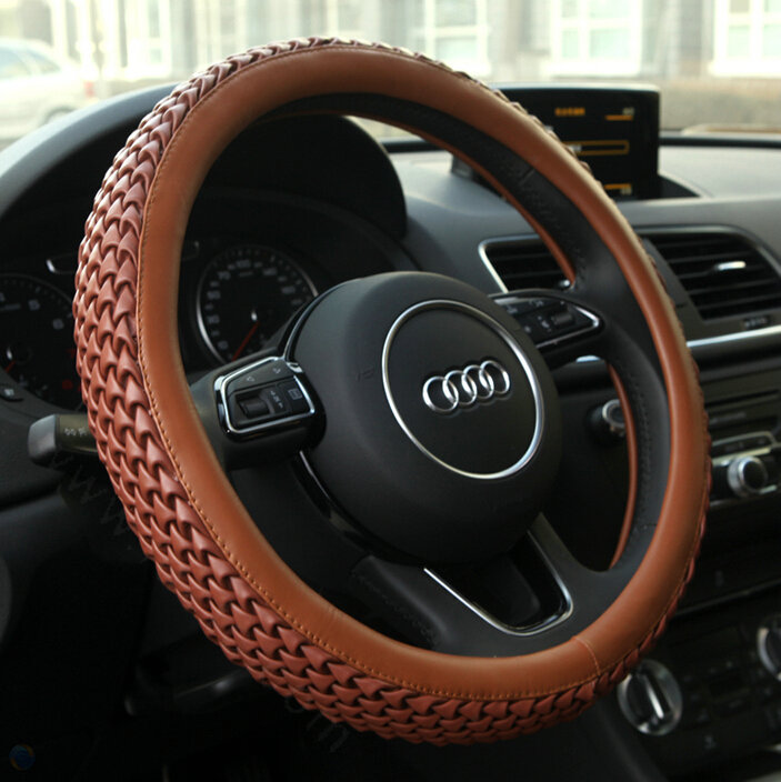 Exquisite Knitting Car Steering Wheel Covers Sheepskin Leather 15 Inch 38CM - Brown