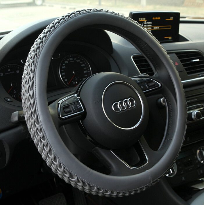 Exquisite Knitting Car Steering Wheel Covers Sheepskin Leather 15 Inch 38CM - Grey