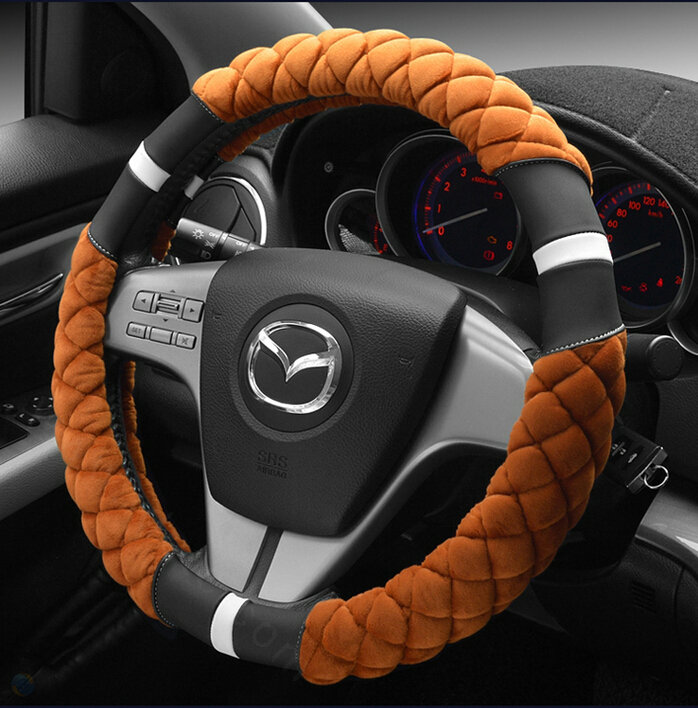 Exquisite Lozenge Pattern Auto Steering Wheel Wrap Velvet 15 Inch 38CM - Brown