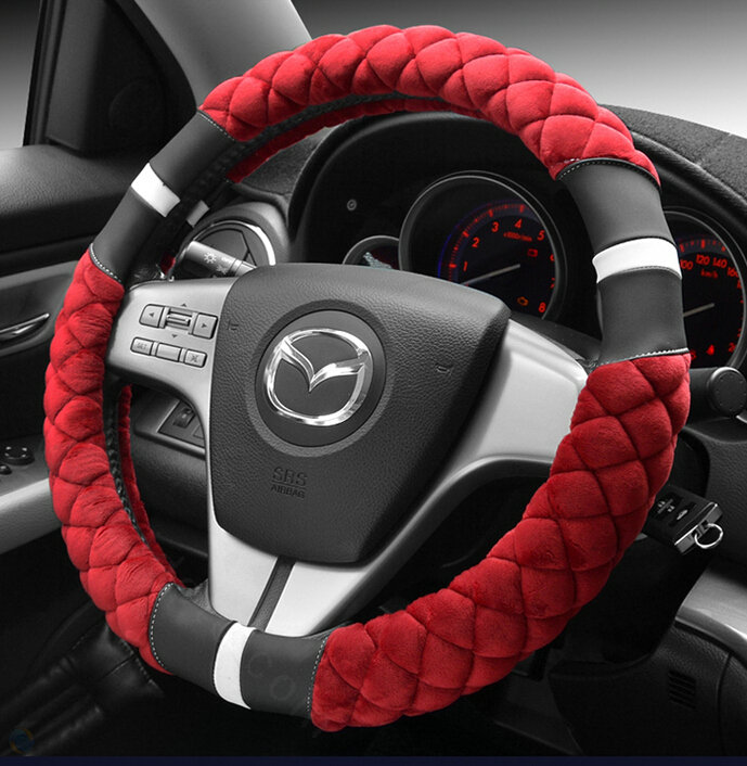 Exquisite Lozenge Pattern Auto Steering Wheel Wrap Velvet 15 Inch 38CM - Red