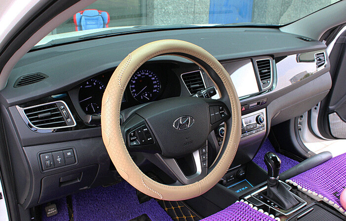 Fashion Auto Steering Wheel Wrap Genuine Leather 15 Inch 38CM - Beige