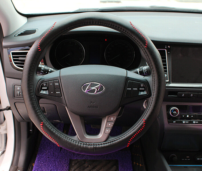 Fashion Auto Steering Wheel Wrap Genuine Leather 15 Inch 38CM - Black