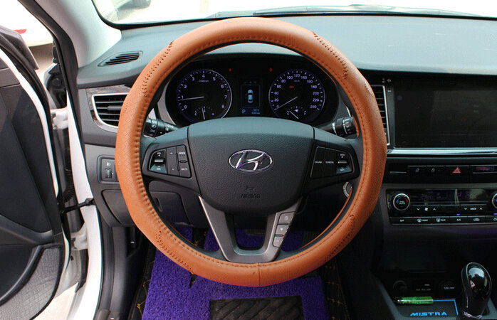 Fashion Auto Steering Wheel Wrap Genuine Leather 15 Inch 38CM - Brown