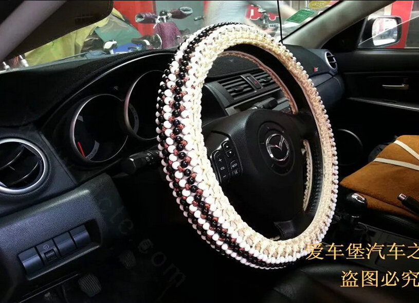 Fashion Beaded Car Steering Wheel Cover Ice Silk 15 Inch 38CM - Black