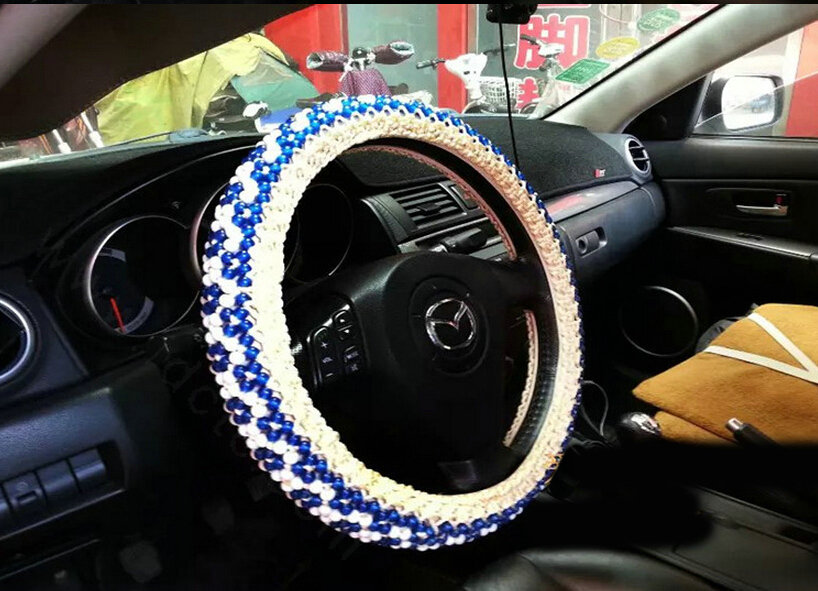 Fashion Beaded Car Steering Wheel Cover Ice Silk 15 Inch 38CM - Blue