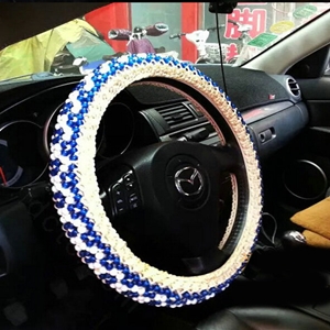 Fashion Beaded Car Steering Wheel Cover Ice Silk 15 Inch 38CM - Blue