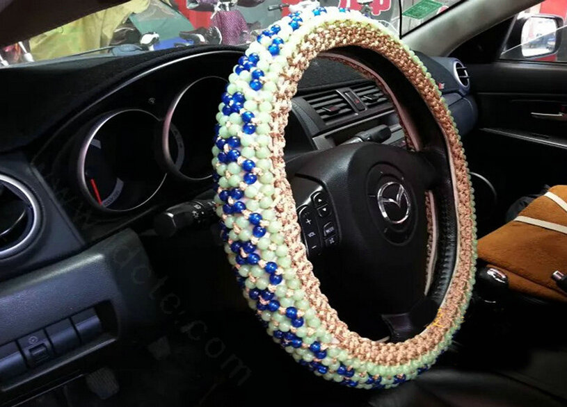 Fashion Beaded Car Steering Wheel Cover Ice Silk 15 Inch 38CM - Green