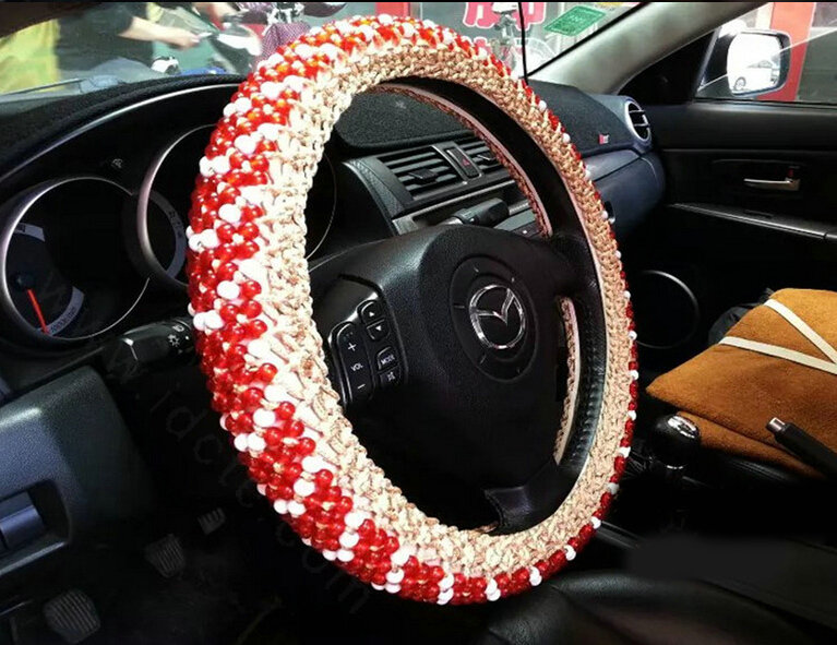 Fashion Beaded Car Steering Wheel Cover Ice Silk 15 Inch 38CM - Red