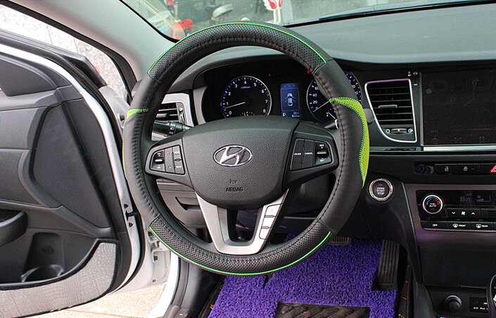 Fashion Car Steering Wheel Wrap Genuine Leather 15 Inch 38CM - Black Green