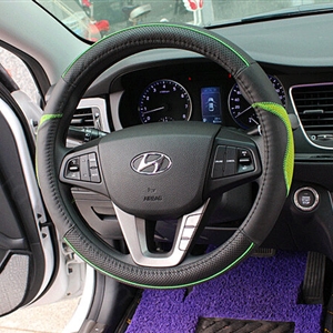 Fashion Car Steering Wheel Wrap Genuine Leather 15 Inch 38CM - Black Green