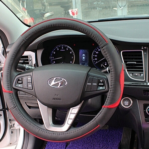 Fashion Car Steering Wheel Wrap Genuine Leather 15 Inch 38CM - Black Red