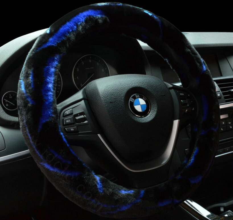 Fashion Cow Print Car Steering Wheel Wrap Velvet 15 Inch 38CM - Black Blue