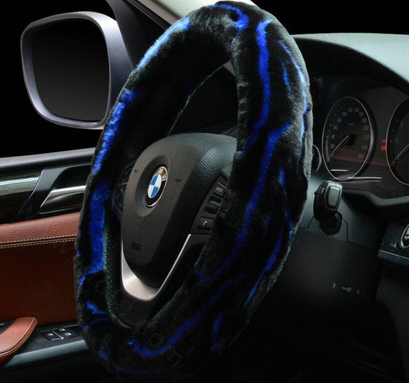 Fashion Cow Print Car Steering Wheel Wrap Velvet 15 Inch 38CM - Black Blue