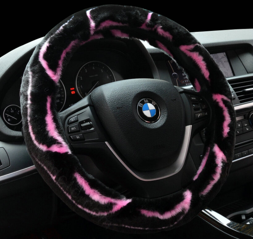 Fashion Cow Print Car Steering Wheel Wrap Velvet 15 Inch 38CM - Black Pink