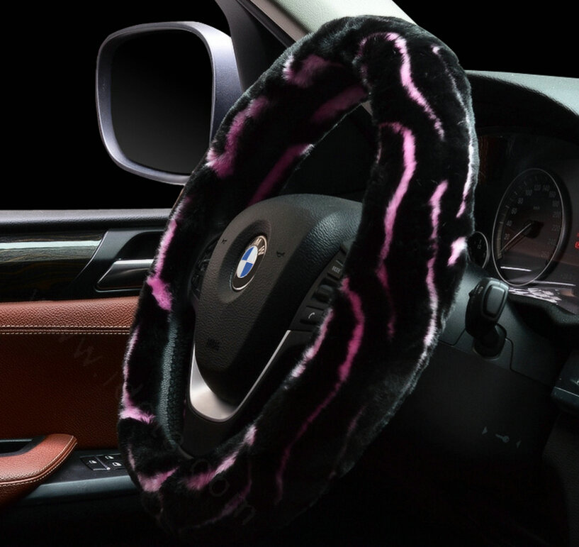 Fashion Cow Print Car Steering Wheel Wrap Velvet 15 Inch 38CM - Black Pink
