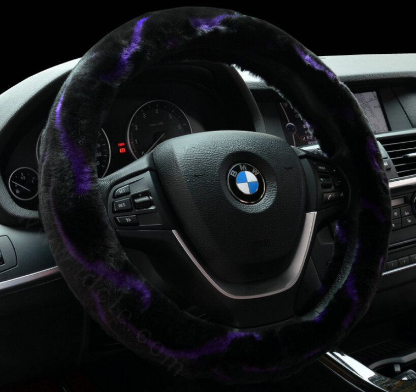 Fashion Cow Print Car Steering Wheel Wrap Velvet 15 Inch 38CM - Black Purple