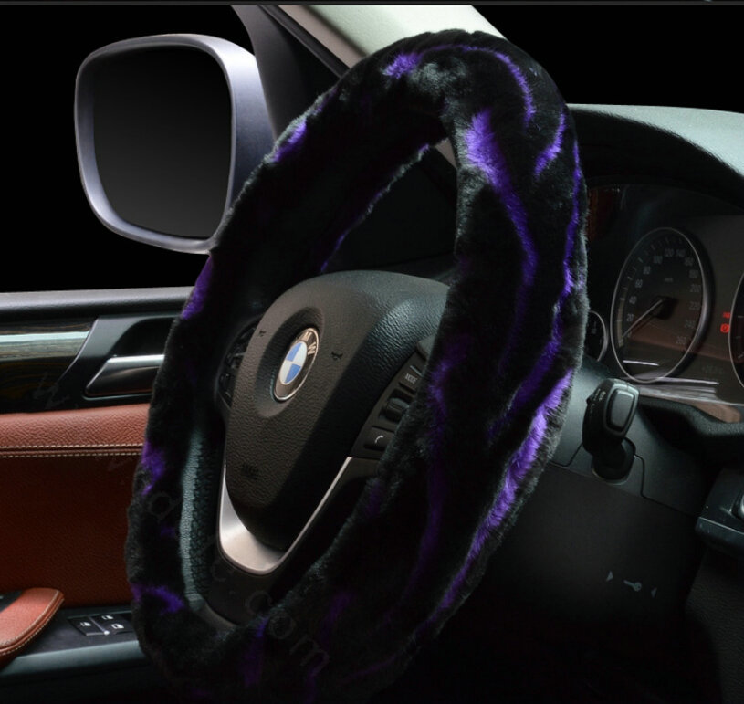Fashion Cow Print Car Steering Wheel Wrap Velvet 15 Inch 38CM - Black Purple