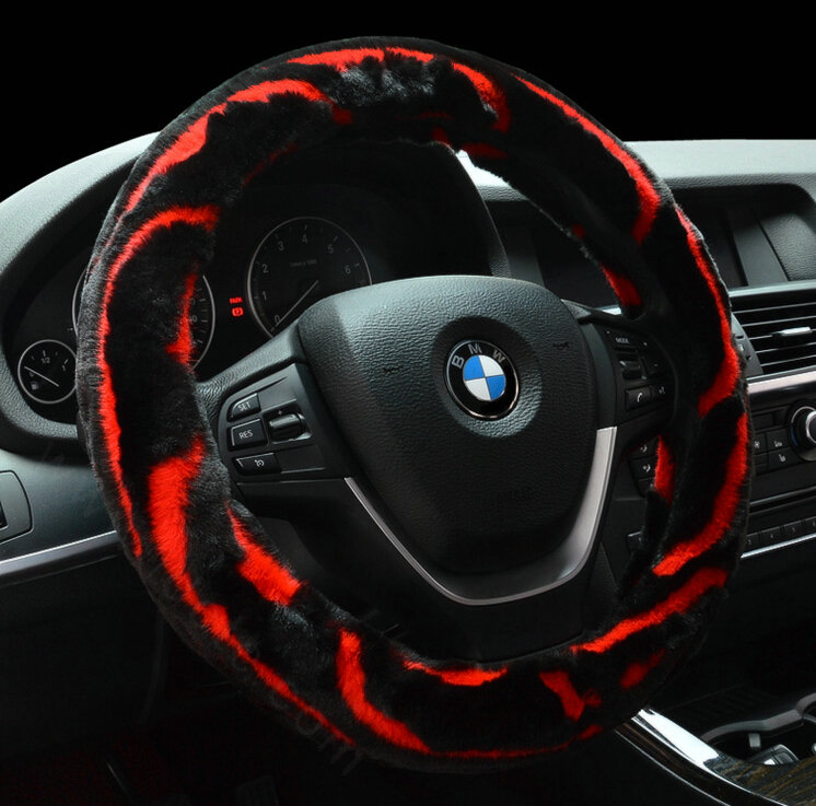 Fashion Cow Print Car Steering Wheel Wrap Velvet 15 Inch 38CM - Black Red