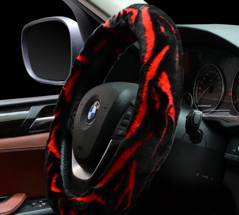 Fashion Cow Print Car Steering Wheel Wrap Velvet 15 Inch 38CM - Black Red