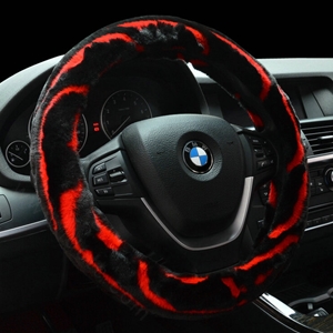 Fashion Cow Print Car Steering Wheel Wrap Velvet 15 Inch 38CM - Black Red