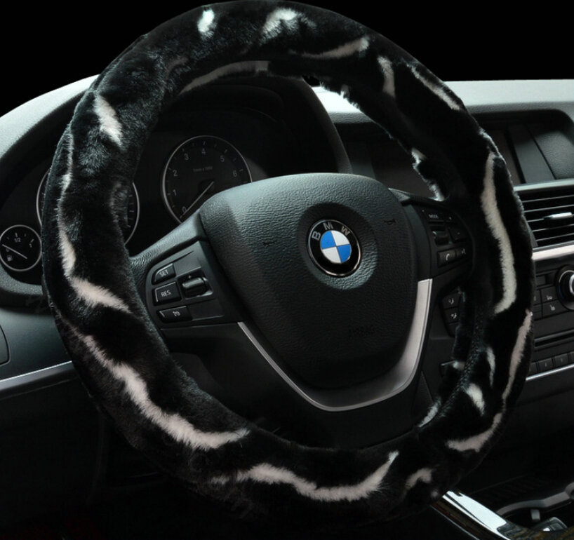Fashion Cow Print Car Steering Wheel Wrap Velvet 15 Inch 38CM - Black White