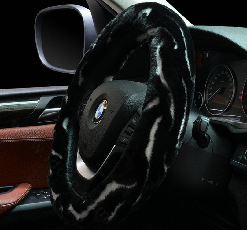 Fashion Cow Print Car Steering Wheel Wrap Velvet 15 Inch 38CM - Black White