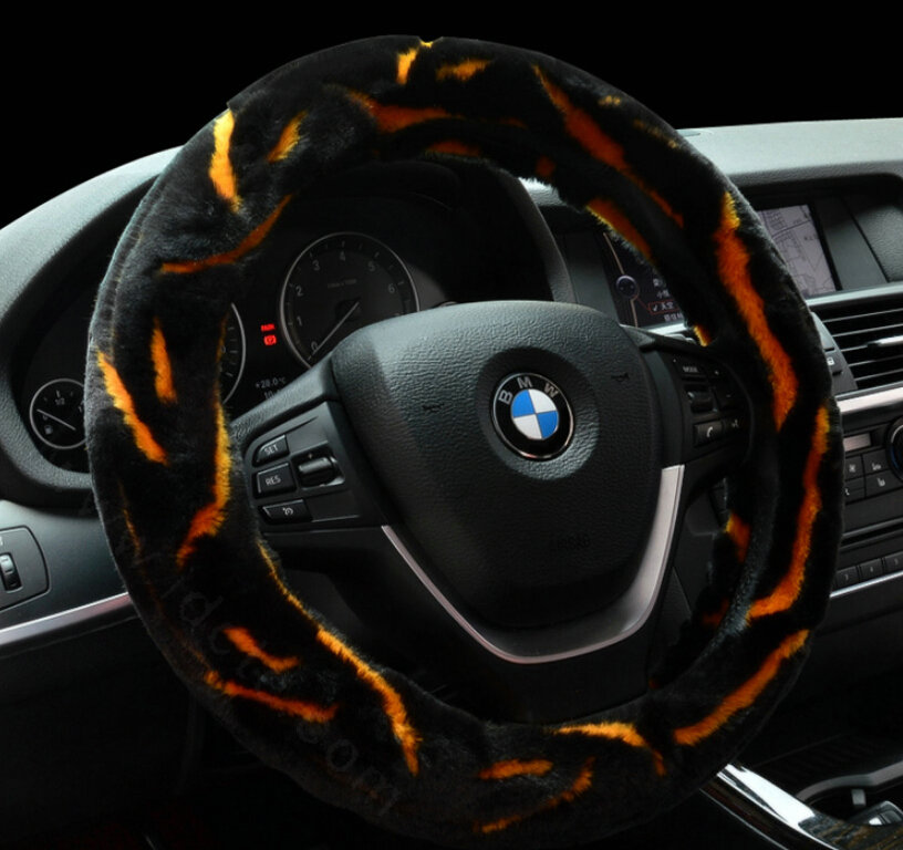 Fashion Cow Print Car Steering Wheel Wrap Velvet 15 Inch 38CM - Black Yellow