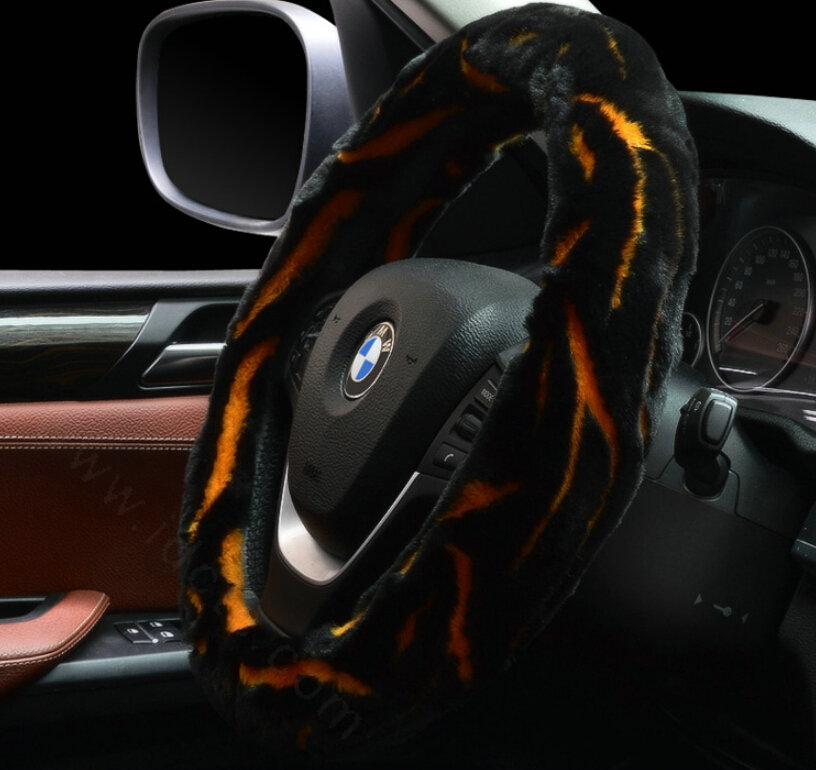 Fashion Cow Print Car Steering Wheel Wrap Velvet 15 Inch 38CM - Black Yellow