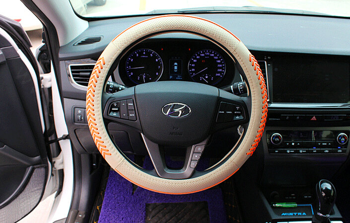 Fashion Knitting Auto Steering Wheel Wrap Genuine Leather 15 Inch 38CM - Beige